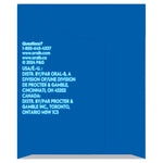 Blue envelope back panel with distributor contact information and company address printed in white text