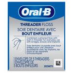 Single‑use envelope front for Oral‑B Threader Floss with bilingual text and illustration of threader tip