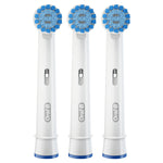 Three white Oral‑B replacement electric toothbrush heads shown upright in a row on a white background. 