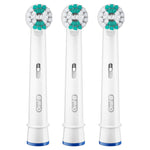 Three white Oral-B round replacement brush heads aligned vertically, showing green and white bristle clusters on each head.