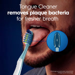 Lifestyle-style image showing a person using the toothbrush on their tongue with text about tongue cleaner removing plaque bacteria