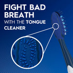 Illustration highlighting an Oral‑B tongue cleaner on the back of a toothbrush with a magnified texture circle