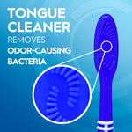 Graphic of an Oral-B toothbrush handle showing a textured tongue cleaner with a circular magnified inset