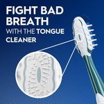 Graphic showing toothbrush tongue cleaner feature with magnified inset and headline about bad breath