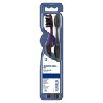 Rear view of Oral‑B two‑pack toothbrush blister packaging showing two toothbrushes and product information panel.