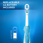 Battery-powered Oral‑B toothbrush with text 'REPLACEABLE AA BATTERY INCLUDED' and a battery icon on blue gradient background