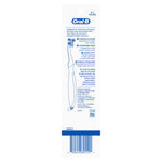 Back of Oral-B children's toothbrush packaging with product care instructions, illustrated toothbrush diagram, barcode and brand logos.