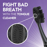Angle view of Oral-B charcoal toothbrush highlighting textured tongue cleaner with callout circle on purple background