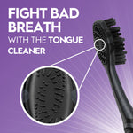 Angled view of Oral‑B toothbrush showing textured tongue cleaner with inset close-up and text about fighting bad breath.