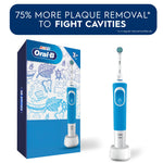 Product display of Oral‑B Kids blue rechargeable toothbrush standing on charger beside its retail box and header claim about plaque removal.