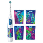 Oral‑B kids electric toothbrush next to four colorful chameleon-themed sticker sheets arranged on white background.