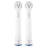 Two white Oral-B replacement electric toothbrush heads displayed upright on a white background with blue trim at the base.