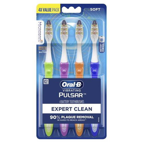 Packaged Oral-B Vibrating Pulsar expert clean toothbrushes in a 4-count blister pack with branding and product claims