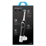 Back panel of Oral‑B Vitality toothbrush packaging showing black handle, charger image, and icon callouts for timer and battery