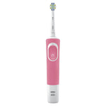 Front view of a pink Oral‑B Vitality electric toothbrush handle and brush head on a white background