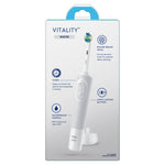 Back of Oral‑B Vitality packaging with image of white toothbrush handle, charger and icons highlighting timer and waterproof handle features.