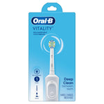 Front-facing product box for Oral‑B Vitality rechargeable toothbrush showing the handle and round brush head on a blue background.