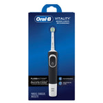 Retail box of Oral‑B Vitality rechargeable electric toothbrush in blue packaging displaying the black handle and round brush head