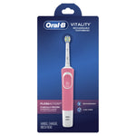 Retail hanging blister pack showing a pink Oral‑B Vitality rechargeable toothbrush and product branding