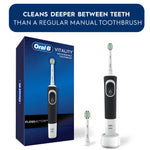 Product lifestyle/feature image showing Oral‑B Vitality toothbrush with box, extra brush head, and charger plus banner claiming deeper cleaning between teeth