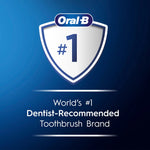 Oral-B branded shield graphic stating '#1 World's #1 Dentist-Recommended Toothbrush Brand' on a blue gradient background.