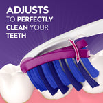 Graphic of Oral-B toothbrush head flexing with an arrow and text stating it adjusts to perfectly clean teeth on purple background
