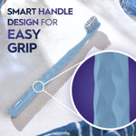 Sky blue Oral‑B toothbrush laid flat with magnified inset highlighting a textured 'smart handle'.