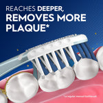 Close-up marketing illustration of Oral-B toothbrush bristles cleaning between teeth with bold text about removing plaque