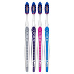 Four Oral‑B toothbrushes arranged upright showing colored grips and blue bristles on white background