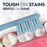 Illustration of a blue toothbrush brushing teeth with headline 'Tough on stains gentle on gums'.