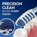 Graphic showing Oral-B toothbrush head and a magnified inset of bristles cleaning behind teeth on a blue background