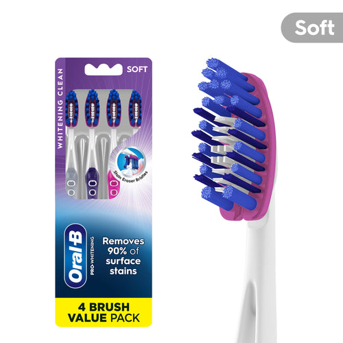 Oral‑B Pro‑Whitening toothbrushes 4‑pack packaging with one toothbrush head enlarged at right