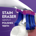 Detailed close-up graphic of toothbrush bristles labeled “stain eraser” polishing a tooth on a purple background
