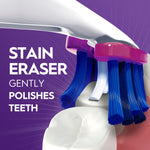 Macro illustration of Oral‑B stain eraser bristles gently polishing a tooth surface