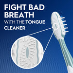 Marketing graphic highlighting the Oral-B toothbrush tongue cleaner with a magnified inset of textured cleaner surface