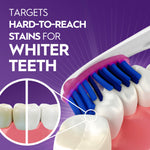 Illustrated Oral‑B toothbrush head cleaning along gumline with callout showing whitening on teeth