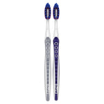 Two Oral-B manual toothbrushes laid side by side with blue and purple bristles on a white background