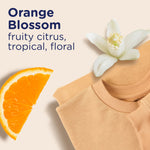 Promotional graphic with orange slice, white blossom and text describing Orange Blossom scent notes.