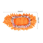 Single orange chenille shoe cover laid flat with dimensions callouts showing 23cm by 10cm