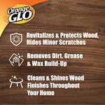 Orange Glo branded wood-grain graphic listing benefits: revitalizes, removes dirt and cleans & shines wood finishes