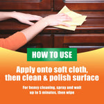 Hands using a yellow cloth to wipe and polish a dark wood cabinet with a green 'How to Use' banner