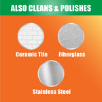 Orange graphic panel showing icons and text 'Also Cleans & Polishes' for ceramic tile, fiberglass and stainless steel