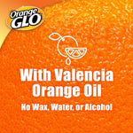 Close-up orange peel background with Orange Glo logo and text 'With Valencia Orange Oil' and 'No Wax, Water, or Alcohol'