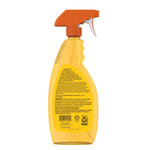 Rear view of an Orange Glo spray bottle showing the product back label, warnings and recycling symbol