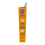 Narrow side panel of orange product packaging with icons and text describing scrubbing features and benefits