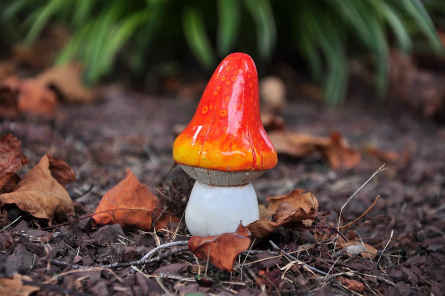 Single orange-red spotted miniature mushroom garden ornament placed on mulch with dried leaves.