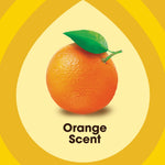 Graphic close-up of an orange fruit with a leaf inside a teardrop shape and text ‘Orange Scent’ on a yellow background.