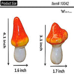 Product size diagram showing two orange-red spotted mushroom ornaments with height and width measurements.