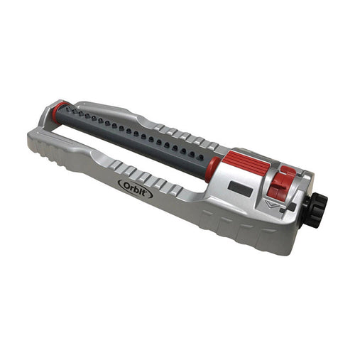 Silver Orbit oscillating lawn sprinkler with red accents shown at a slight angle on white background
