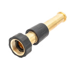 Angled studio photo of a brass hose nozzle with threaded connector and black grip